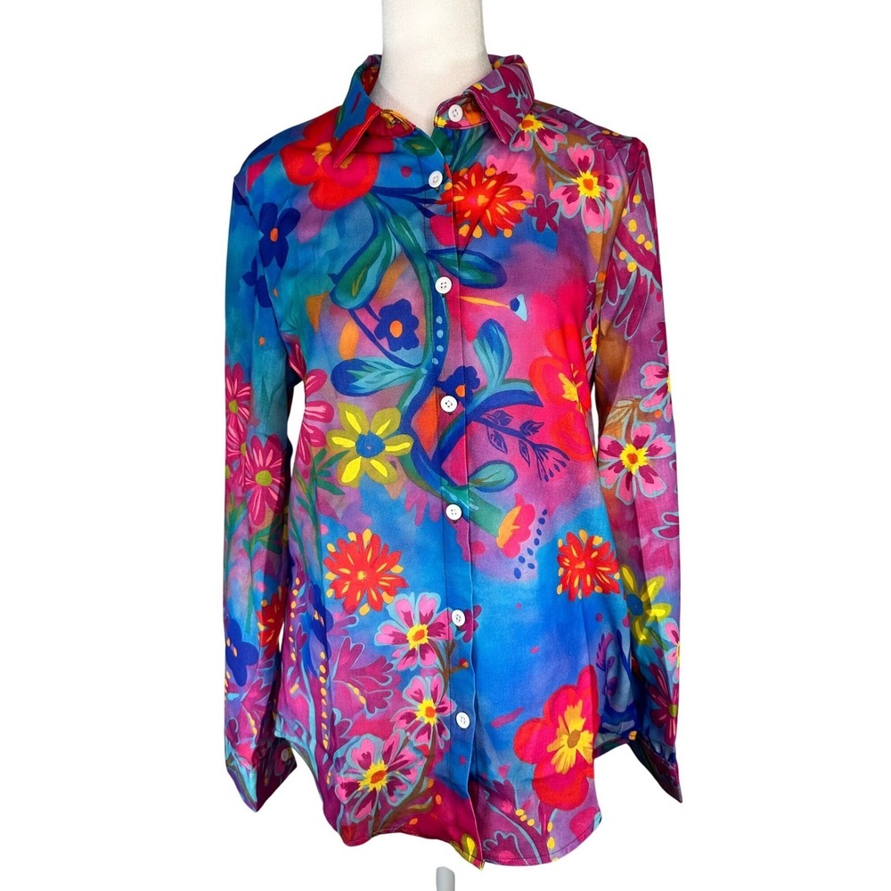 Shallwe Bright Floral Statement Button Down Shirt Size Small Artsy| Abstract
